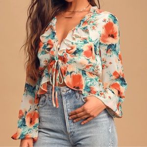 Lulus Keep Dreamin' White Floral Print Ruched Ruffled Cropped Top
